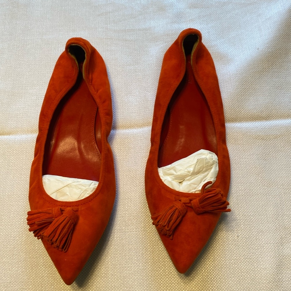 J Crew orange suede tassel flats